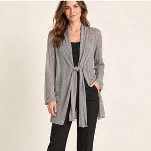 Doncaster Collection Cardigan Womens L Gray 100% Linen Open Front Coastal Chic